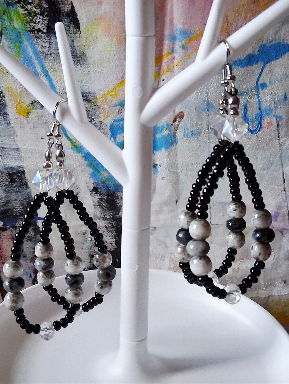 Black and Gray Beaded Teardrop Earrings